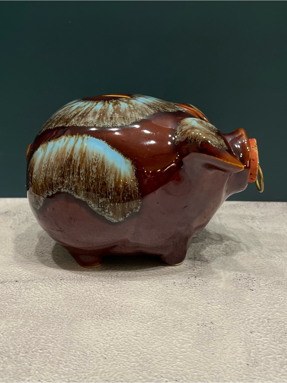 Vintage 50s Hull Pottery Corky Pig Ceramic Coin Bank MCM Brown Blue Drip Glaze - Picture 5 of 9